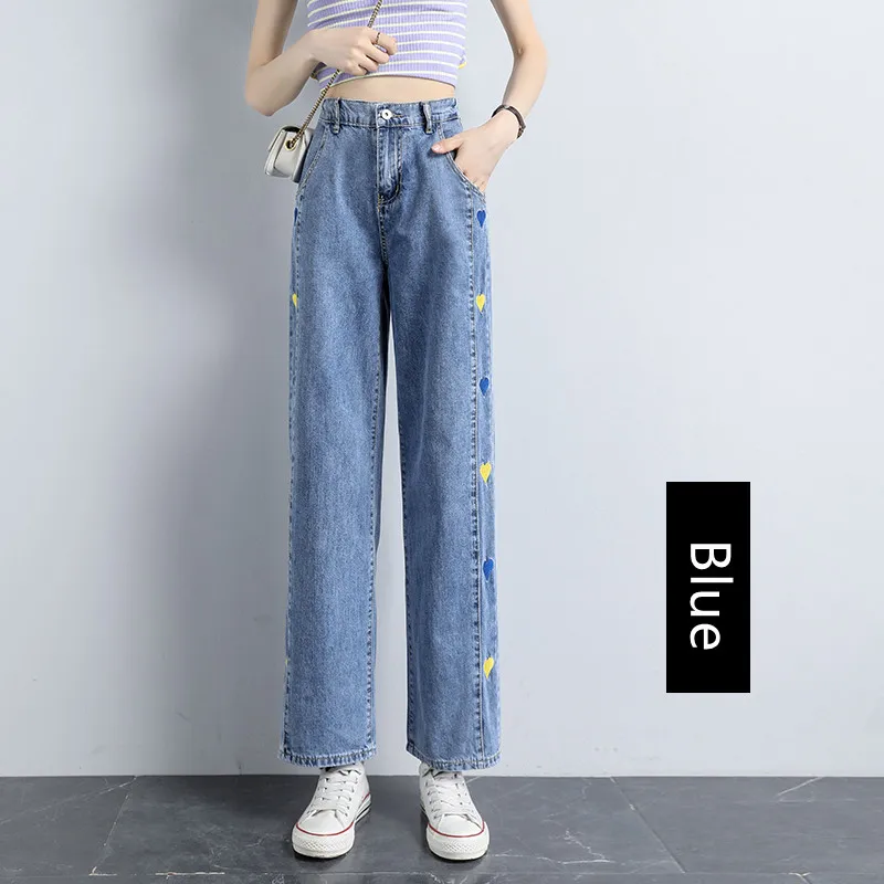 

2021 Summer Big Size High Waist Women's Korean Fashion Love Embroidery Straight Tube Loose Drop Wide Leg Jeans