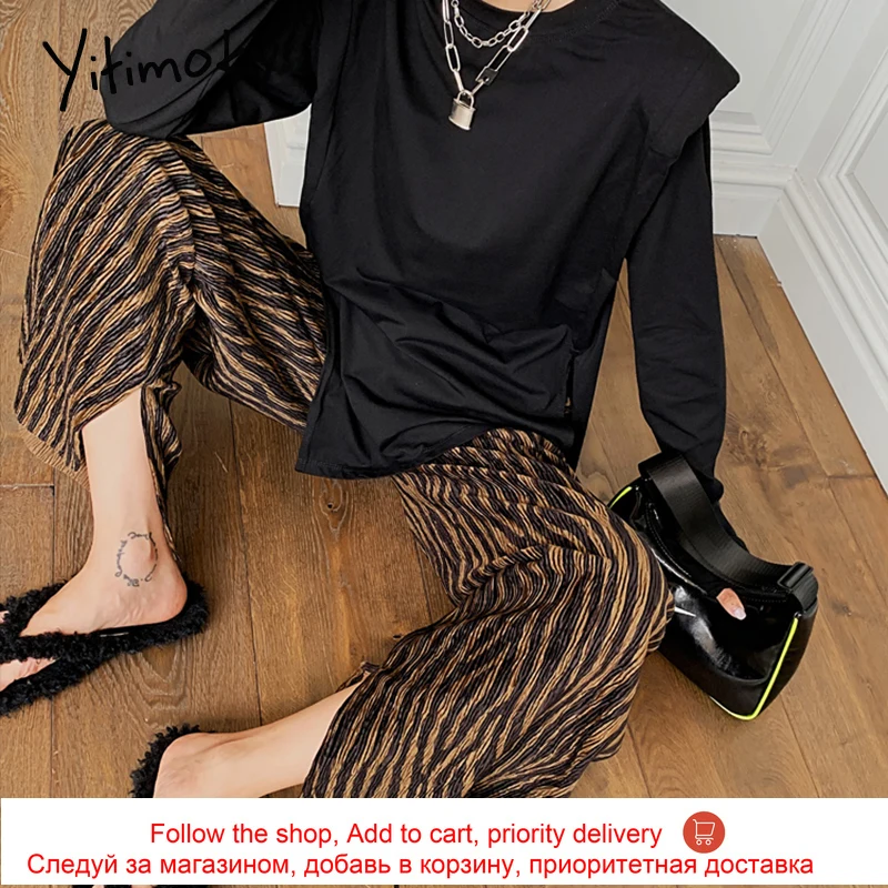 

yitimoky print wide leg pants women loose elastic high waist pants for women casual clothes split fashion trousers streetwear