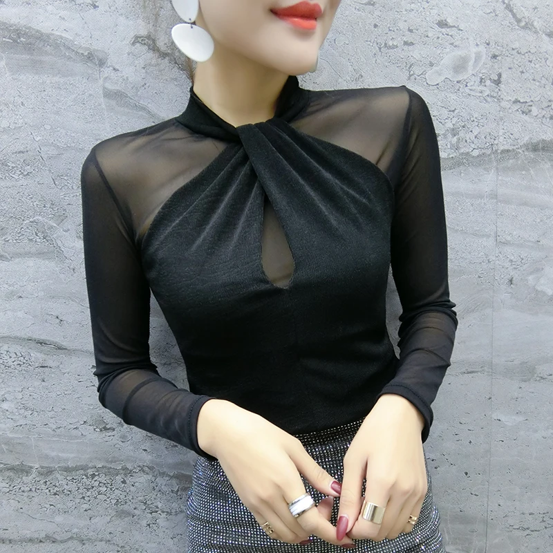 

Womens Tops and blouses 2021 New Sexy Mesh Cross Transparent Vintage Elegant blusa Shirt Long Sleeve Plus Size Blouses Shirt 81J