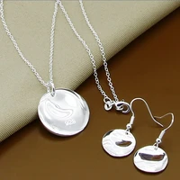 brand new 925 silver jewelry sets simple round pendant necklace earrings set women men free shipping