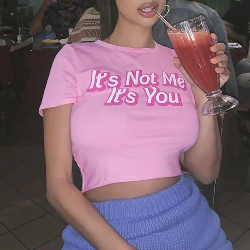 

Women Short Sleeve Slim T-Shirt Its Not Me Its You Letters Pink Kawaii Crop Top