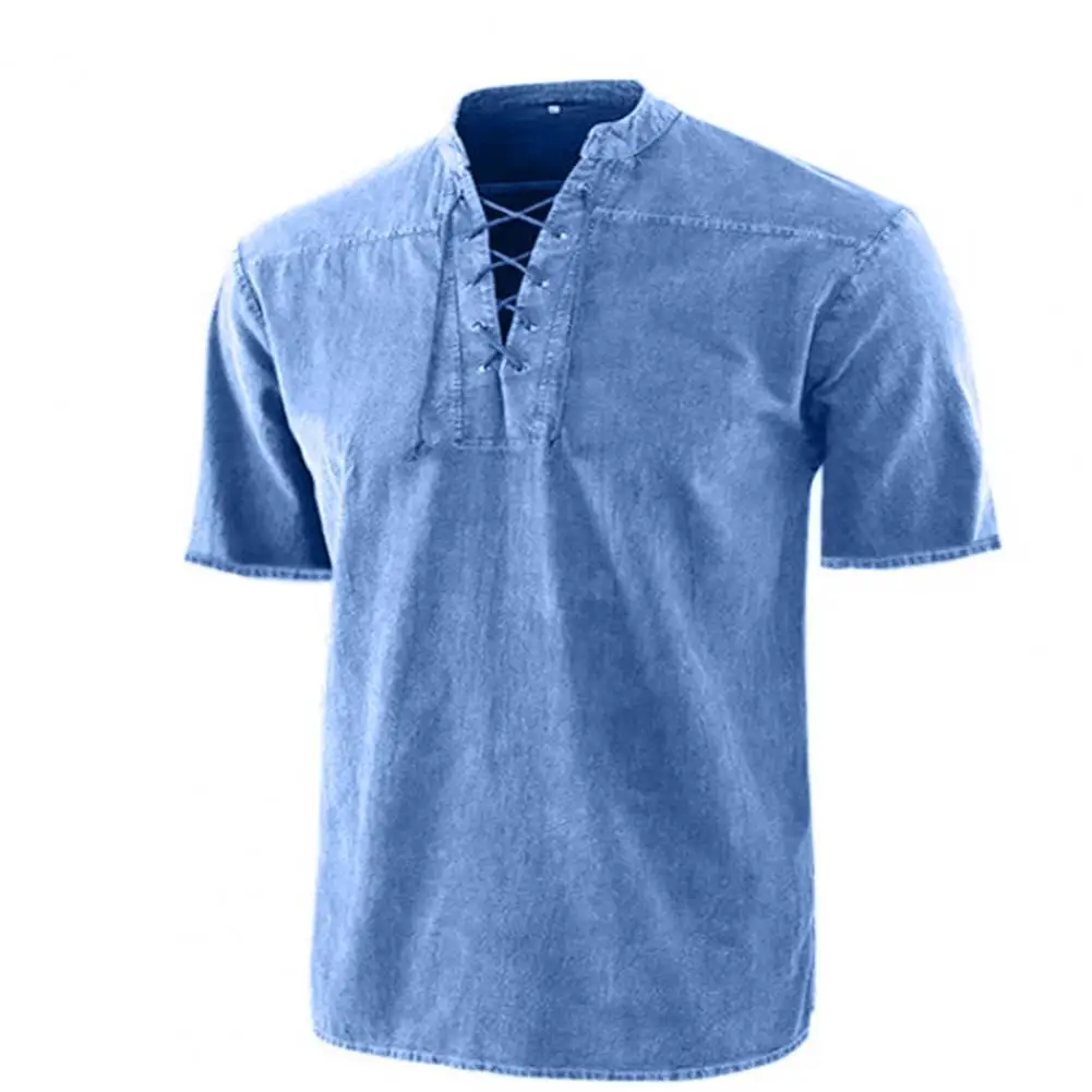 

Stylish Summer T-shirt Men Stand Collar Front Lace Up Casual Short Sleeve V Neck Slim T-shirt Streetwear for Daily Wear