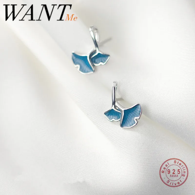 Женские серьги гвоздики в виде листьев WANTME синие абрикосовые Настоящее серебро