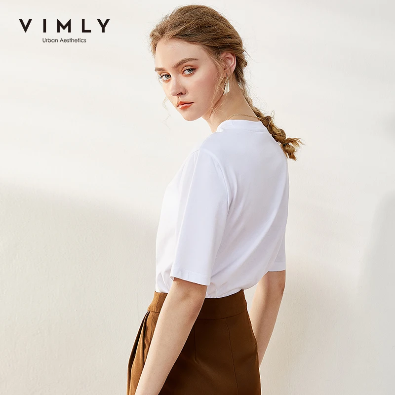 Женская хлопковая Футболка с принтом Vimly повседневная офисная футболка круглым