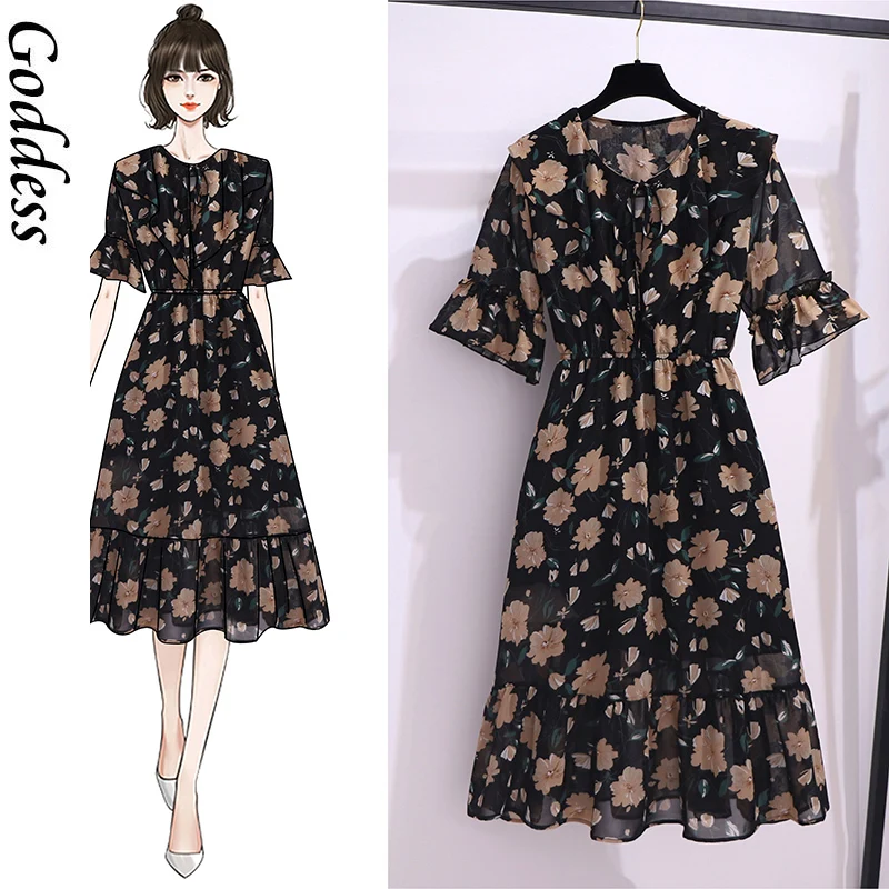

2021 Large Size High Waist Chiffon Floral Dress Spring and Summer French Elegant Temperament Flared Sleeve Mid-length Dress