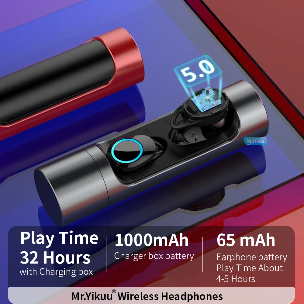 Bluetooth 5,0 наушники с глубоким басом, беспроводные наушники, бинауральные звонки, наушники с 1000 мАч зарядным устройством для iOS и Android телефонов