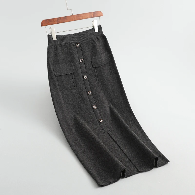 

New Buttons High 2020 Waist Elegant Knitted Fashion Front Split Grey Women Chic Ladies Midi Long Skirt Bodycon
