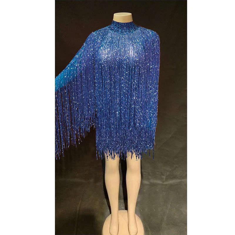 Women Sexy Stage Long Sleeves See Through Full Fringe Dress Women Sexy Stretch Outfit Short Dress Bar Dance Tassel Dress