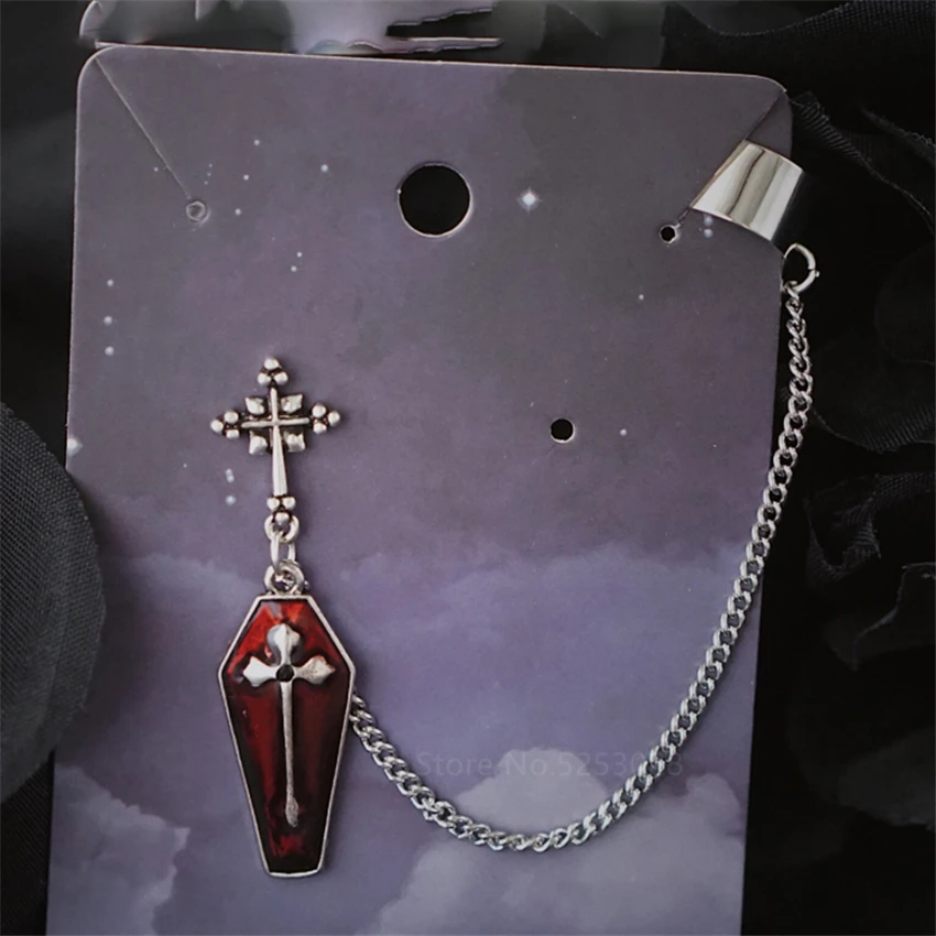 

Dangle Earring Retro Death Cross Red Cosplay Coffin Plate Earrings Punk Goth Statement Earrings Women Halloween Accessories