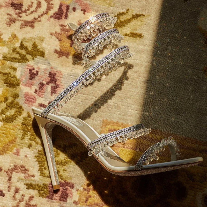 Роскошные свадебные женские босоножки Стразы со стразами и змеиным ремешком на