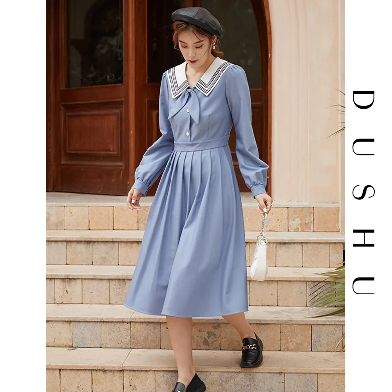 

DUSHU Plus Size Sweet Blue Long Pleated Dress Women Tie Front Autumn Winter Elegant Dress Female Long Sleeve Vintage Shirt Dress