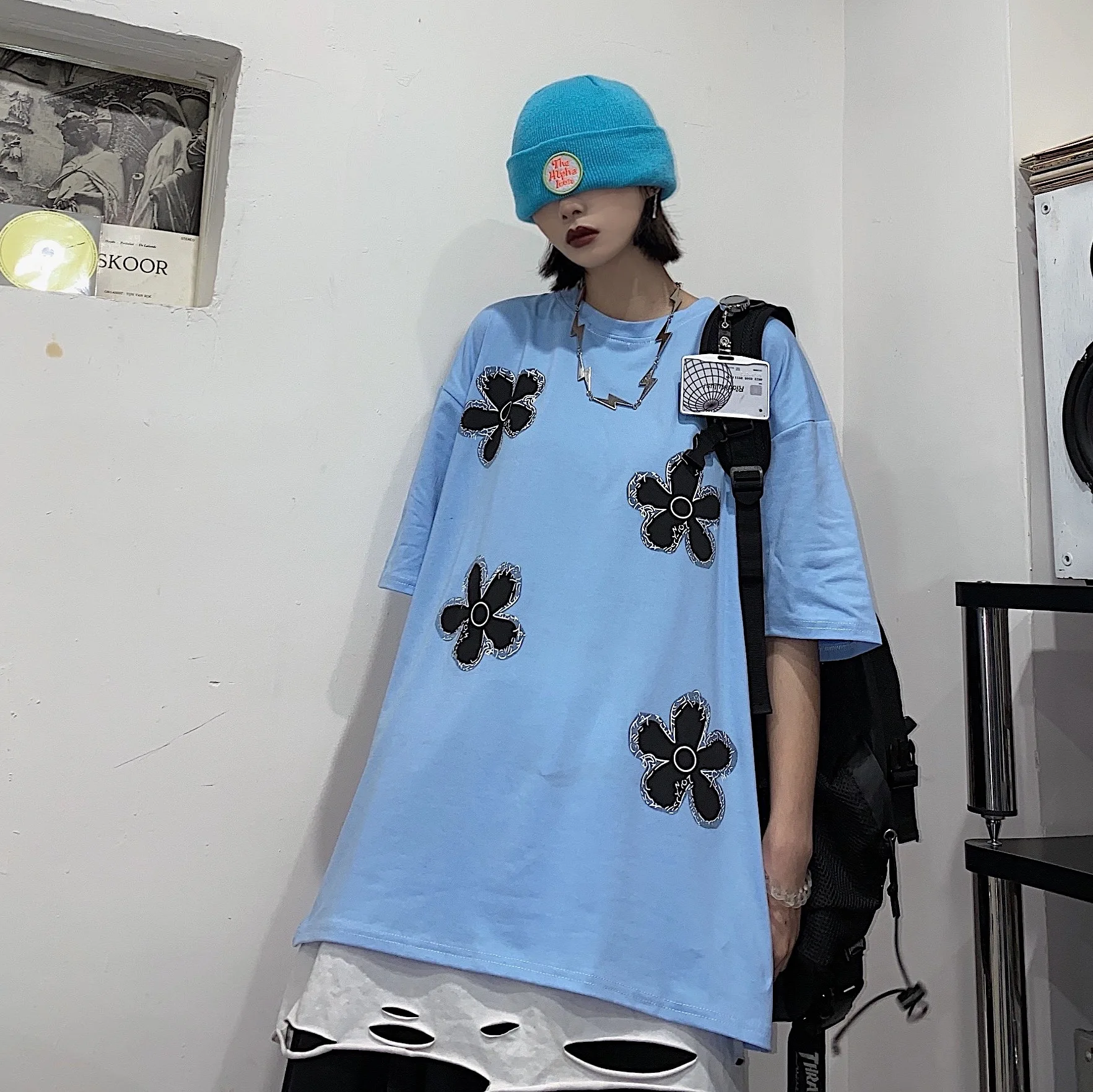 

2021 Summer New Korean Ulzzang Harajuku BF Style Flower Print Loose Short Sleeve T-shirt Men and Women Ins Fashion