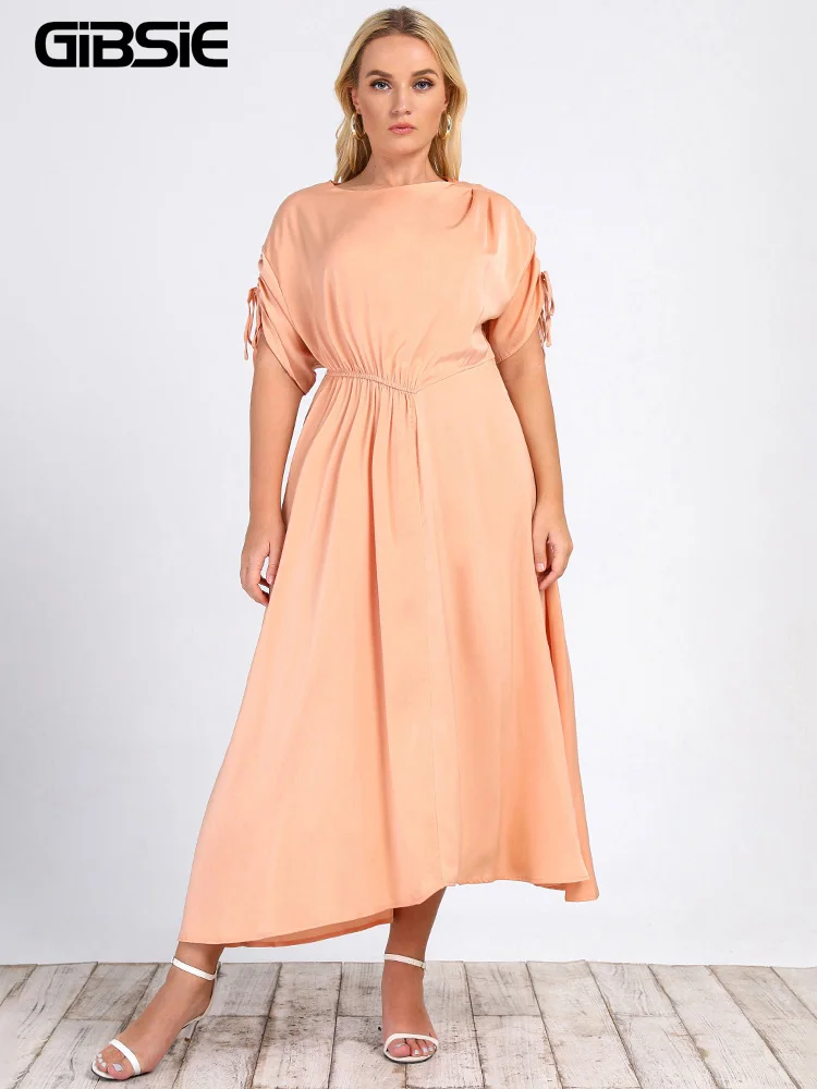 

GIBSIE Plus Size O-Neck Keyhole Back Solid Satin Dress Women Spring Summer Batwing Sleeve A-line Party Elegant Long Dresses