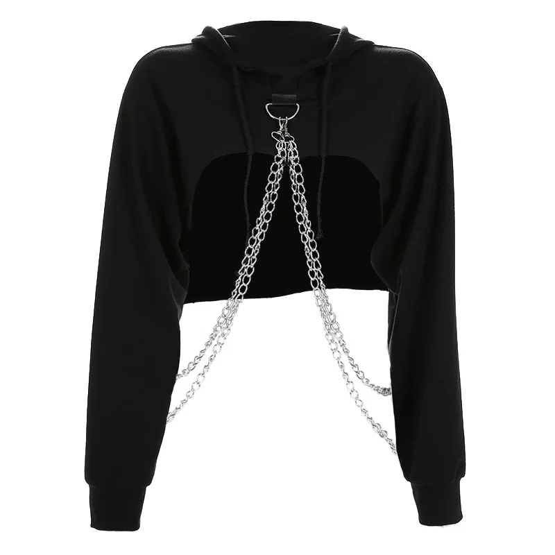 

Goth Aesthetics Punk AcLong Sleeve Crop Top Hoodies Sweatshirts Women Autumn Black Turtleneck Metal Chain Harajuku Hoodie