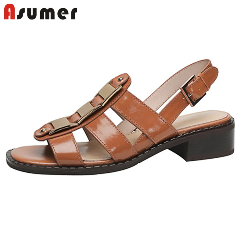 

Asumer Hot Sale Vintage Rome Sandals Ladies Shoes Metal Decoration Buckle Low Heel Casual Shoes Women Genuine Leather Sandals