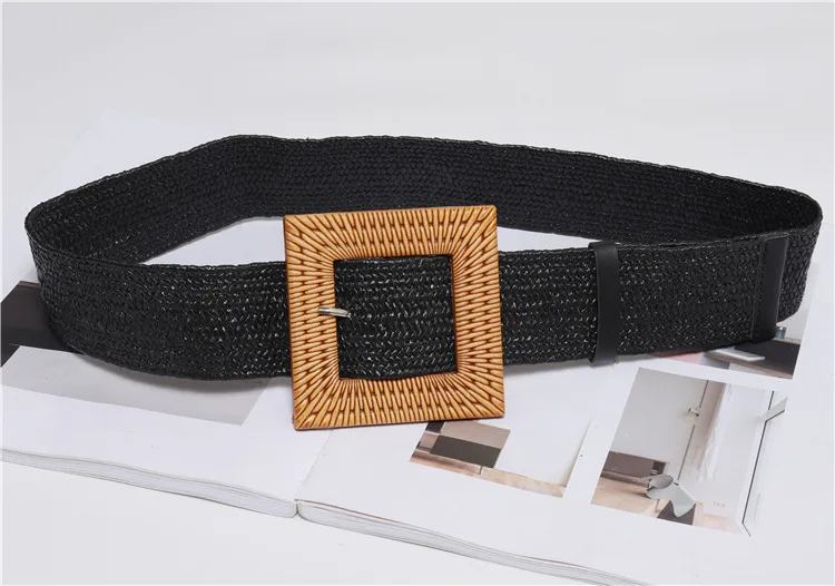 pure black Местный сток модные сексуальные женские круглые эластичные ремни повседневные квадратные деревянные пряжки соломенный пояс Плетеный Тканый Пояс Горячая Распродажа - Цвет: pure black