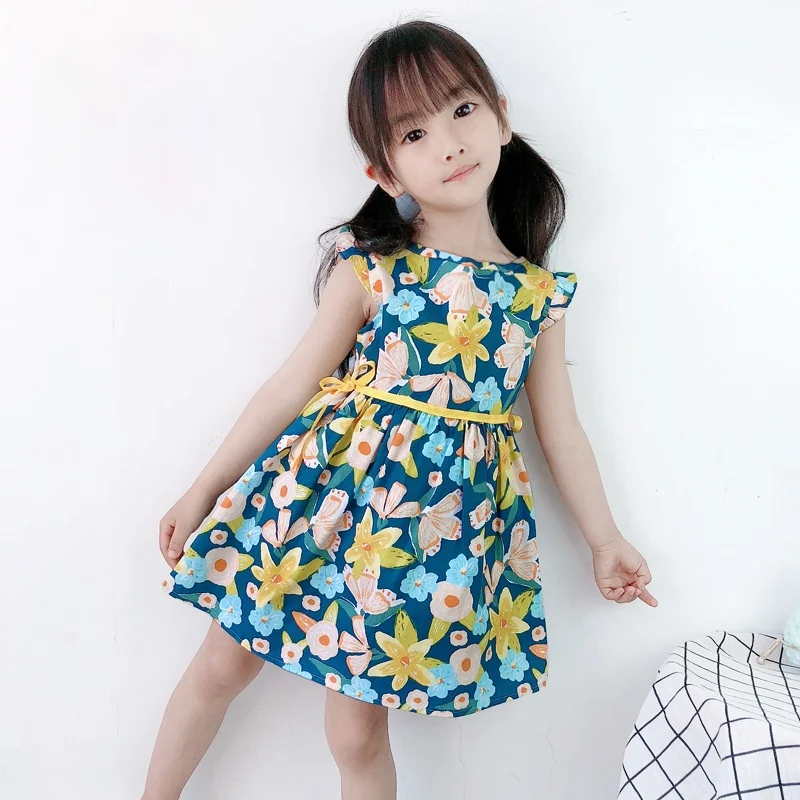 

Spring and summer dress blue flying sleeve flowers summer princess cotton Korean female princess dress flower girl dresses