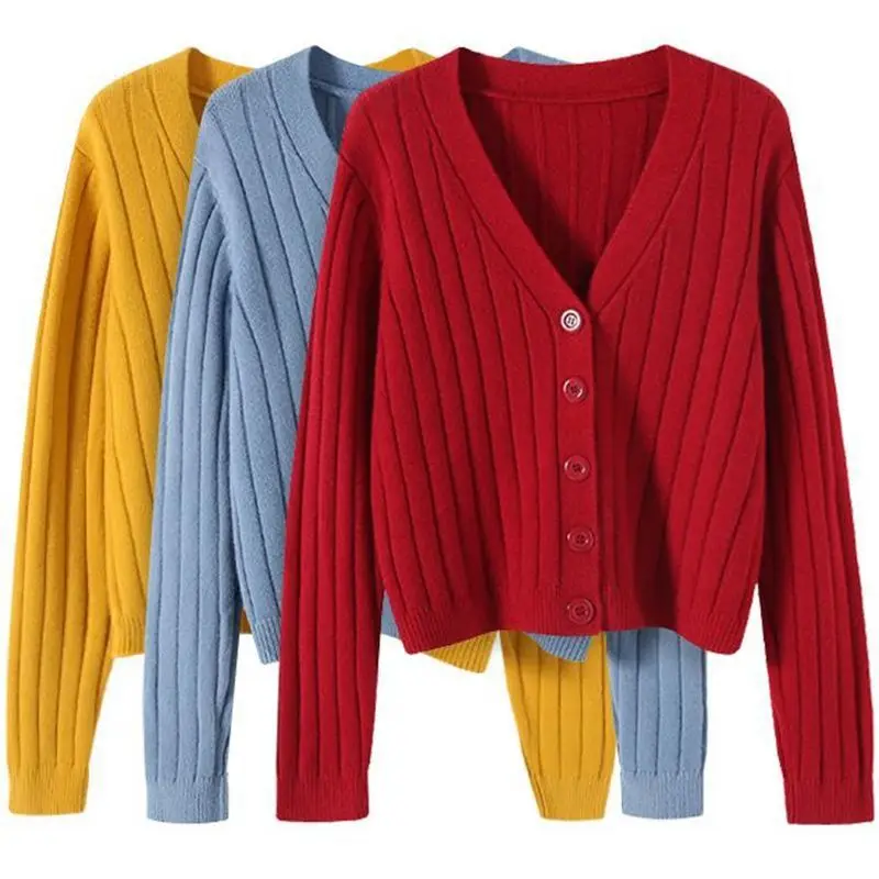 Autumn and winter short style loose long-sleeved collar sweater knitted cardigan jacket shawl solid color cropped top women