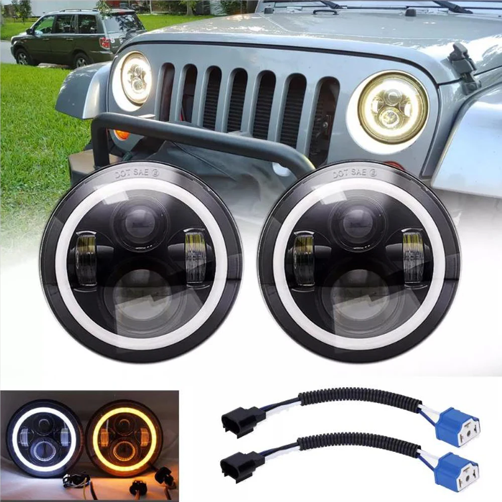 

7" LED Headlights 60W High Low Beam LED H4 Halo Angel Eye DRL Amber Turn Signal for Jeep Wrangler JK TJ Land Rover