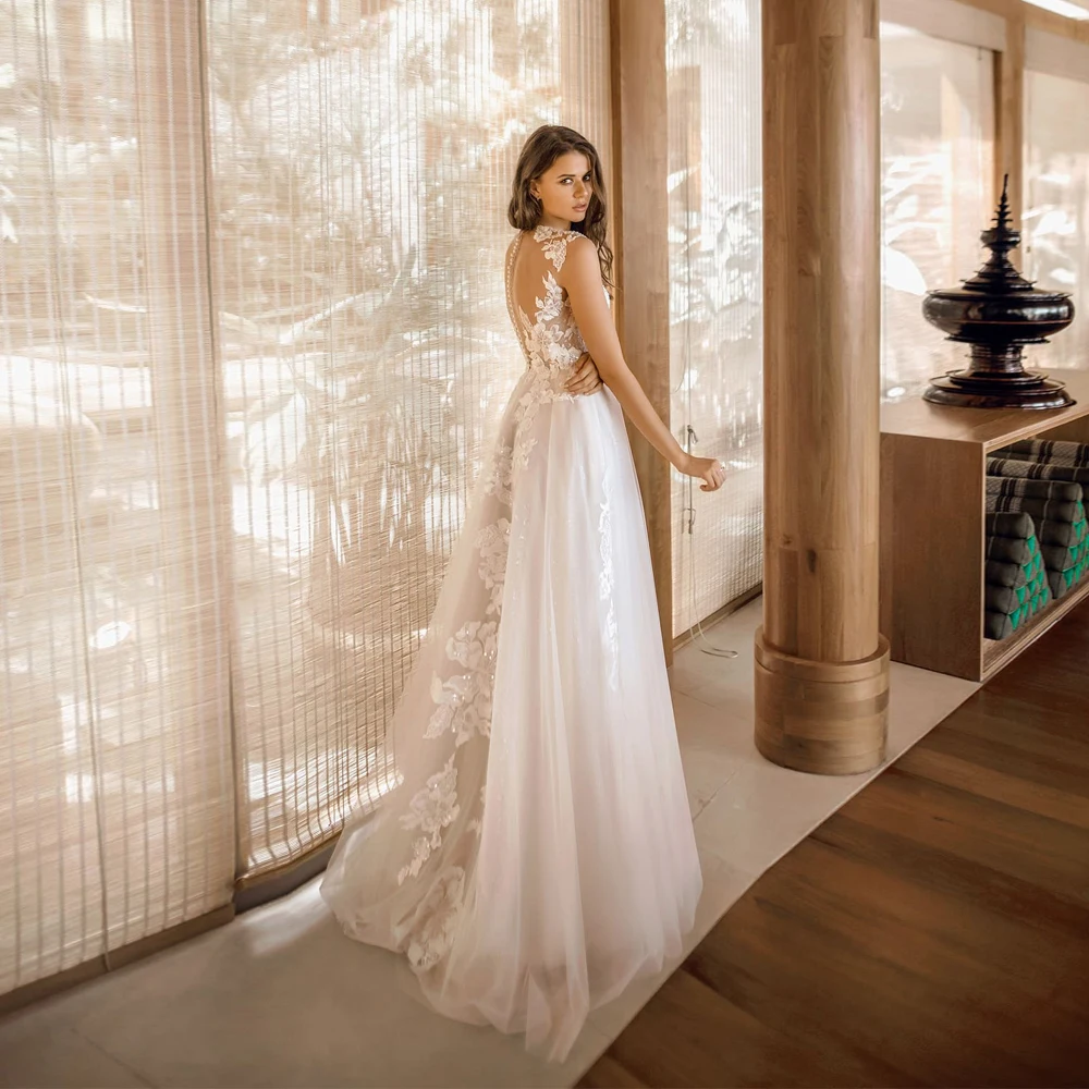 

Vestidos Elegant Wedding Dresses Tulle Illusion Appliques V-Neck Sleeveless Covered Button Ball Bridal Gowns