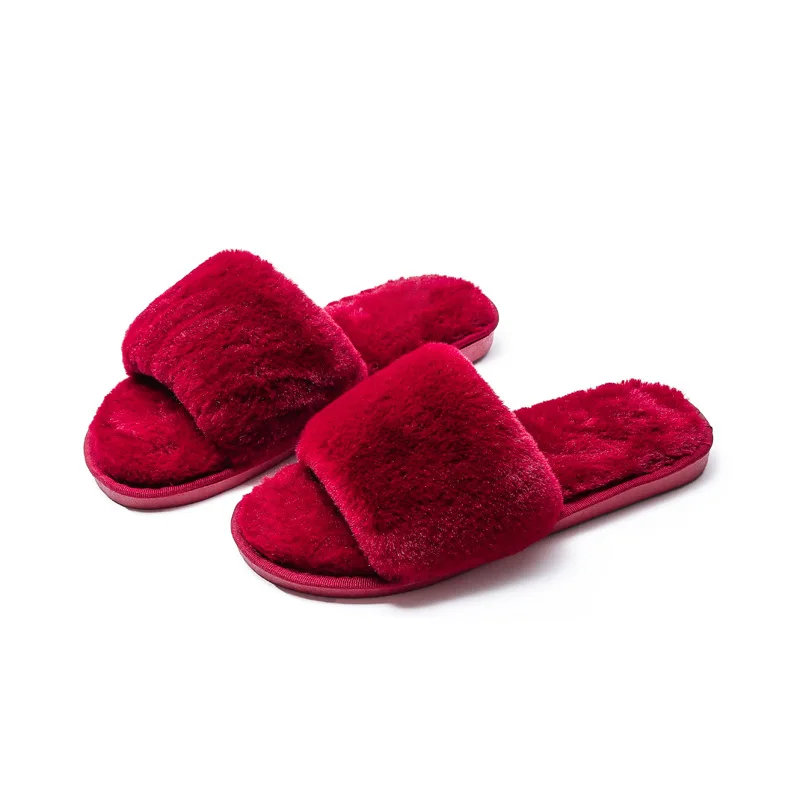 

Autumn Winter Solid House Women Velvet Slippers Open Toe Fuzzy Warm Plush Bedroom Flat Shoes Indoor Ladies Fur Slippers Gift