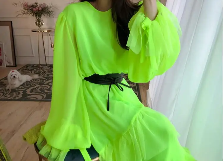WHITNEY WANG 2019 осеннее модное уличное корейское стильное шифоновое платье с оборками
