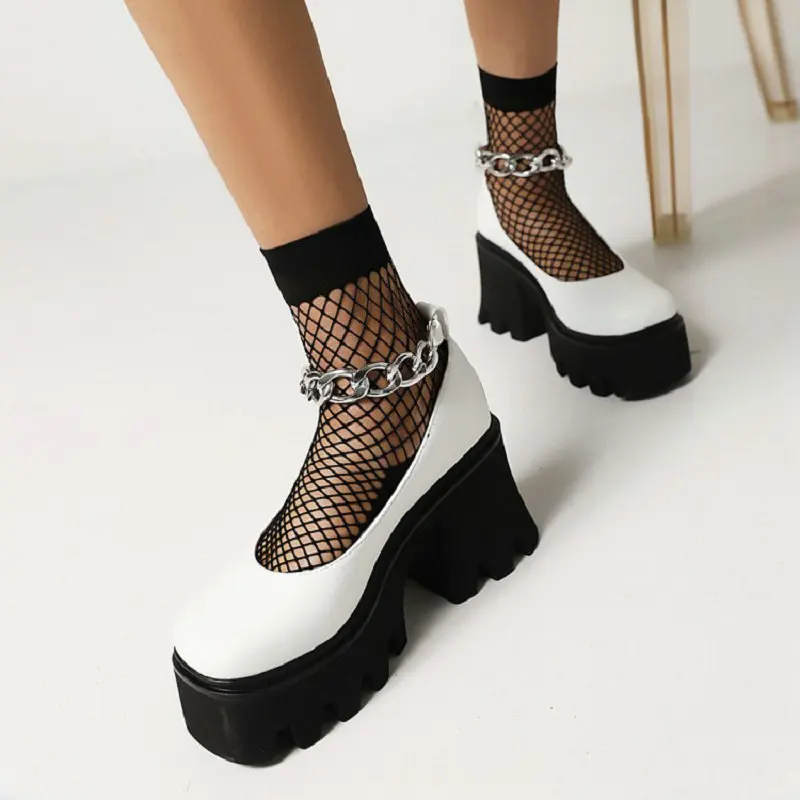 

Sianie Tianie New Punk Goth White Black Square Toe Chunky High Heels Woman Shoes Metal Chain Ankle Strap Women Mary Janes Pumps