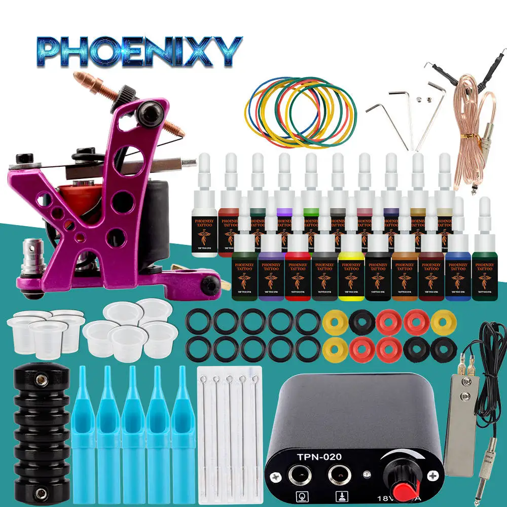 Complete Tattoo Kit One Machine Gun Supplies 20Pcs Pigment Inks With Power Supply Set Permanent Makeup | Красота и здоровье
