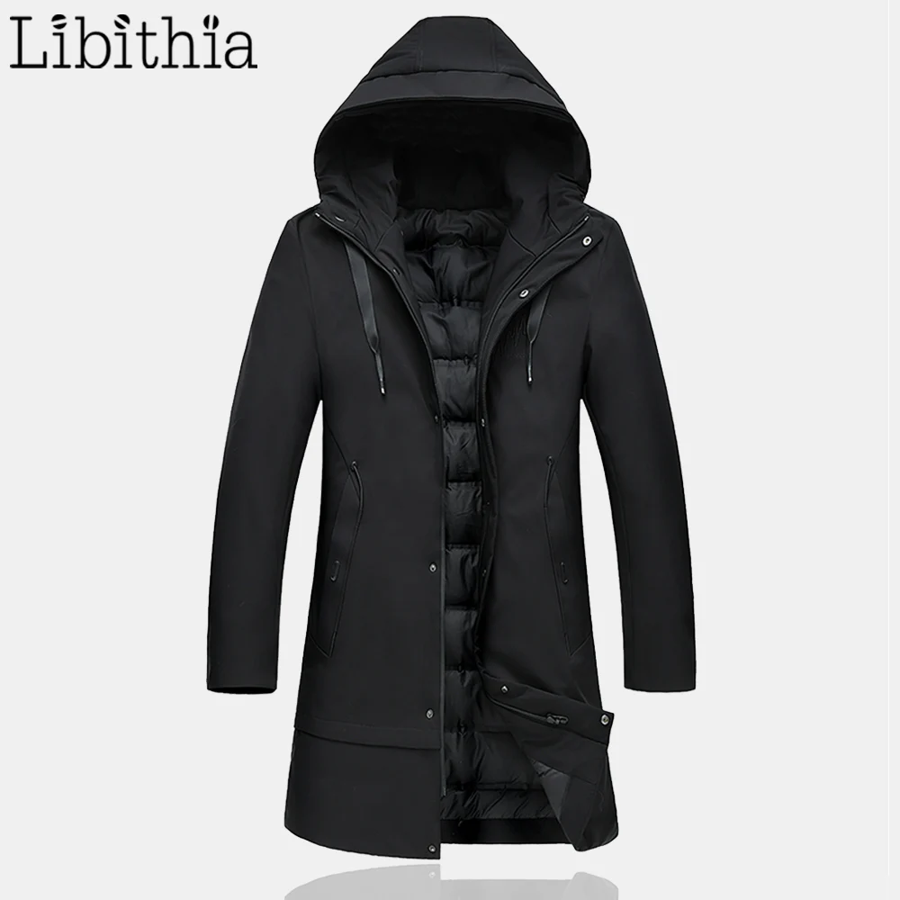 Мужская Повседневная Длинная парка куртки 90% белого утиного пуха с шапочкой для