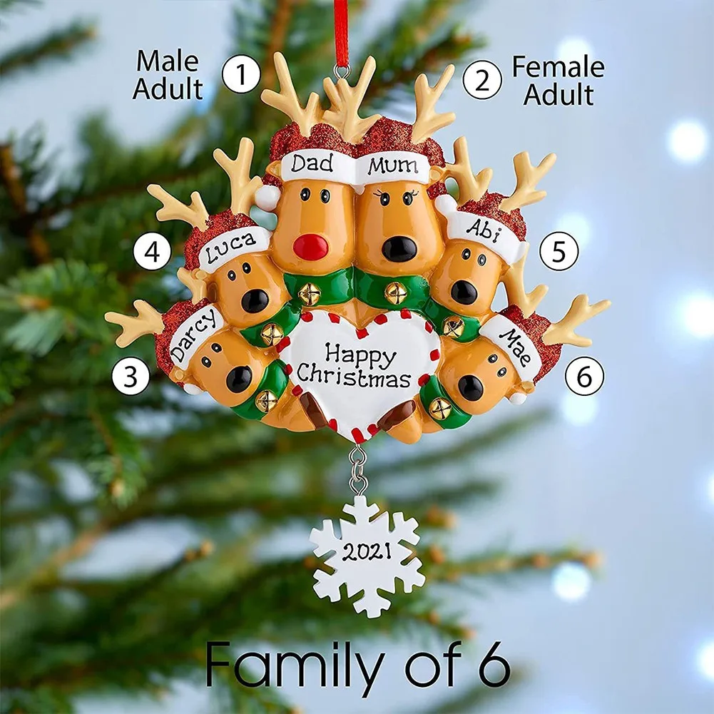 

2021 Christmas Tree Hanging Ornaments Add Name Family Resin Elk Deer Love Heart Pendant Decor Personalized Family Xmas Gift