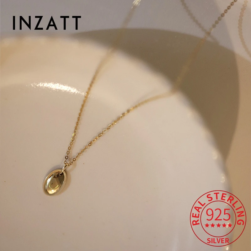

INZATT Real 925 Sterling Silver Glossy Oval 14K Pendant Choker Necklace For Women Classic Fine Jewelry Minimalist Accessories