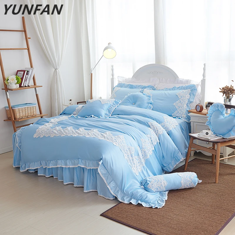 

2019 New Luxury Silk Bedding Set Cotton Duvet Cover Bed Set Pillowcase 4Pcs Queen king size Bed skirt set blue lace bedclothes
