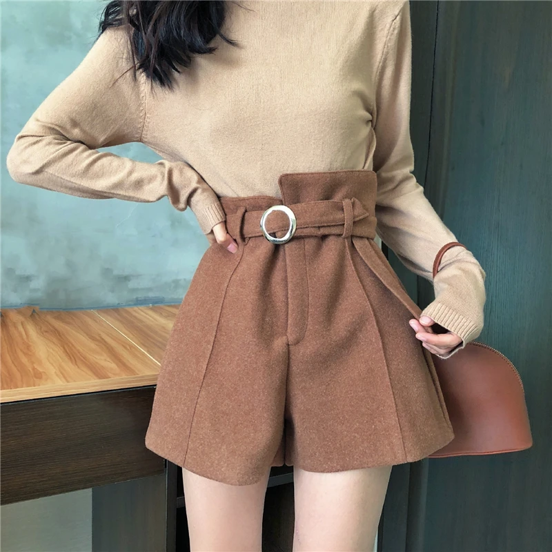 

Woolen Belt Warm Shorts Women Autumn Winter Thicken Fashion High Waist 282# A-Line Wide Leg Boots Shorts Girls Elegant Short
