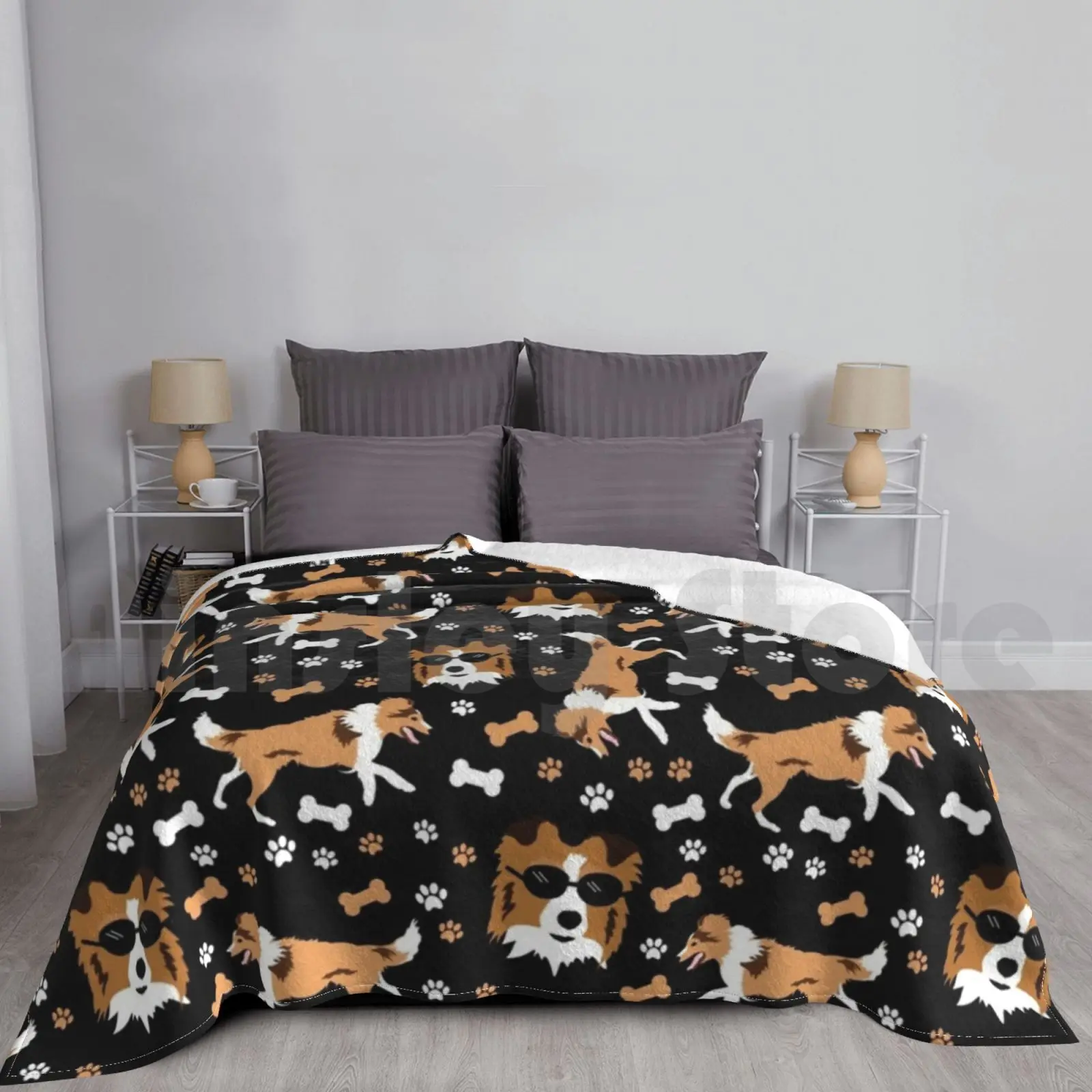

Shetland Sheepdog Sheltie Pattern Miniature Collie Dog Breed In Black Blanket Fashion Custom 40 Sheltie