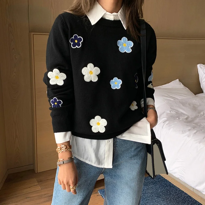 

Korean Floral Pullover Sweater High Quality Women Elegant O Neck Knitted Tops