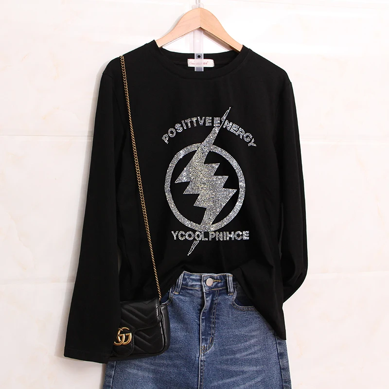 

Long Sleeve T-Shirt Women Autumn Clothes New 2021 Fashion Hot Drilling Printing Loose Cotton Bottoming Shirt Female CT05