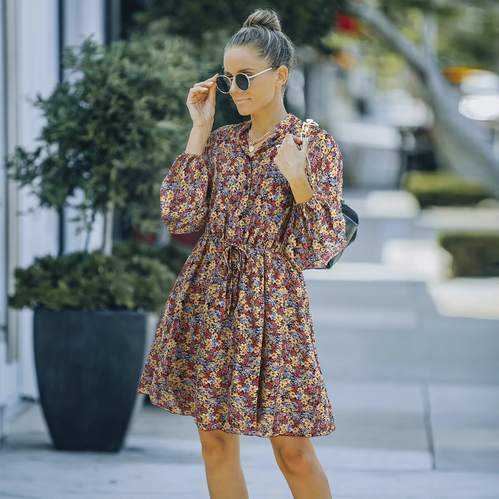 

Autumn Floral Chiffon Dress for Women Female V-neck Belt Single-breasted Empire Casual Long Sleeve One-piece M001