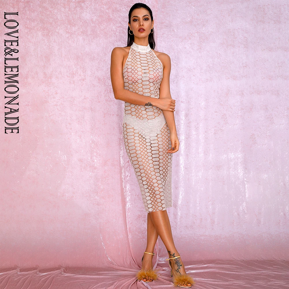 LOVE& LEMONADE A/W сексуальное Белое Платье До Колена с открытой спиной и сеткой с наклеенными блестками LM82019
