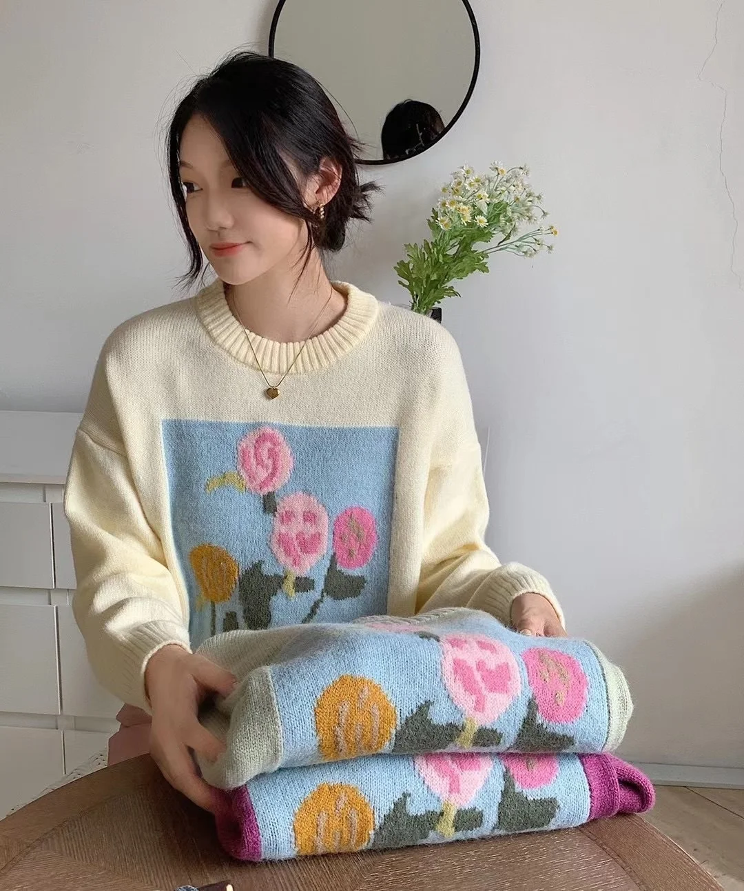 

Jacquard sweater women autumn and winter thick 2021 new lazy Pullover loose soft floral tops