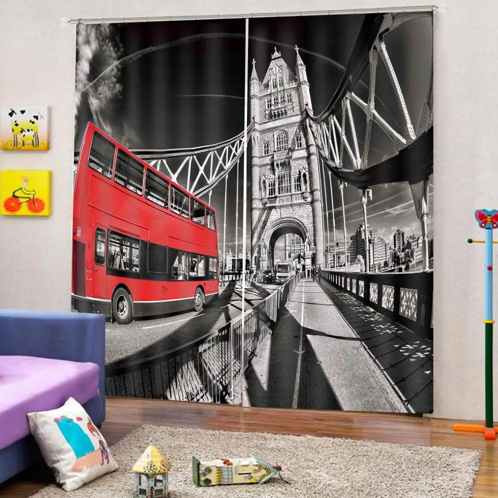 Городской пейзаж Фотофон с красным автобусом башней дорожным знаком занавеска