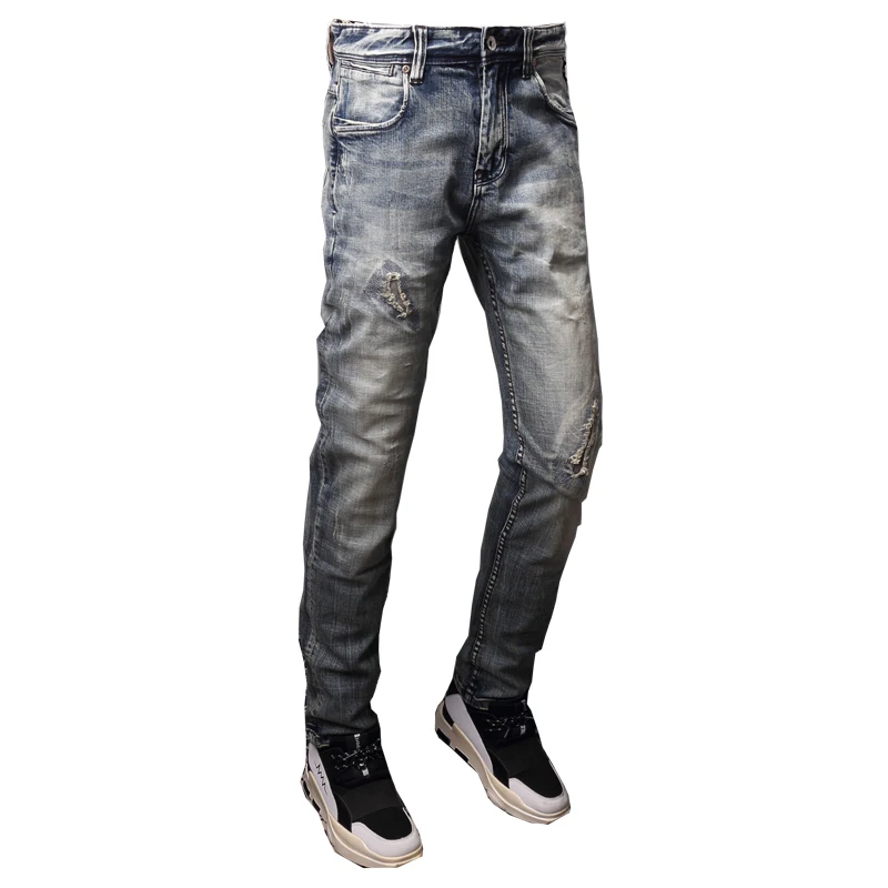 Итальянский стиль модные мужские джинсы Ретро синие потертые рваные эластичные