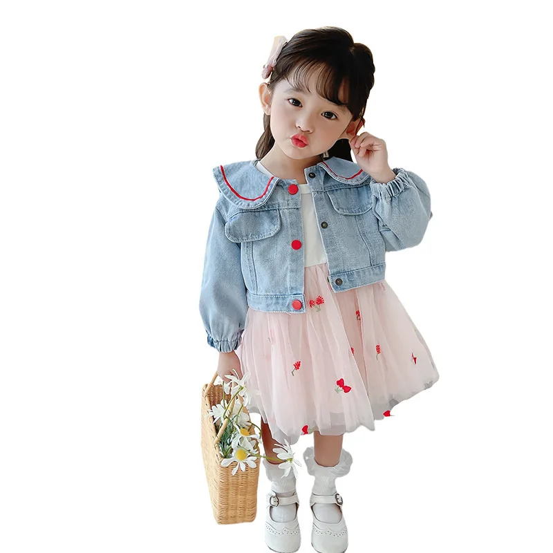 

Girls' suit 2021 spring style Korean baby denim suit skirt Western style children's long-sleeved 2-piece children's wear