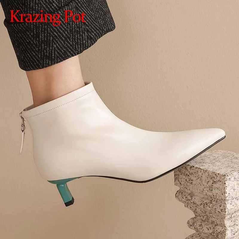 

Krazing pot Chelsea boots cow leather dating design streetwear pointed toe med strange heel zipper young lady ankle boots L63