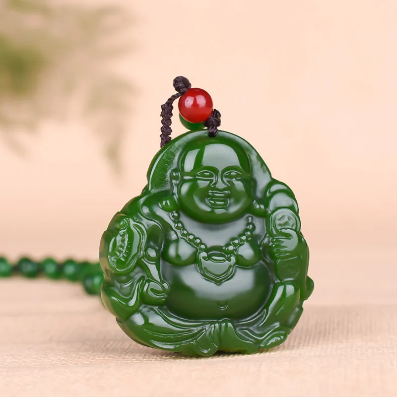 

Maitreya Buddha Natural Green Jade Pendant Necklace Chinese Hand-carved Charm Jadeite Jewelry Fashion Amulet Gifts for Women Men