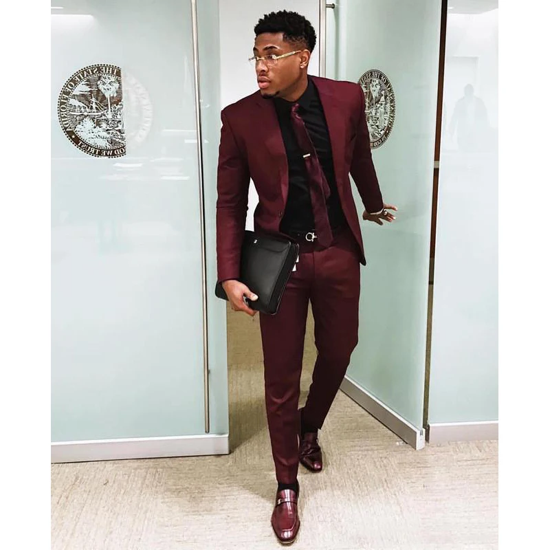 Бордовый Двойка мужские костюмы 2020 Slim Fit Свадебные для жениха смокинг недорого на