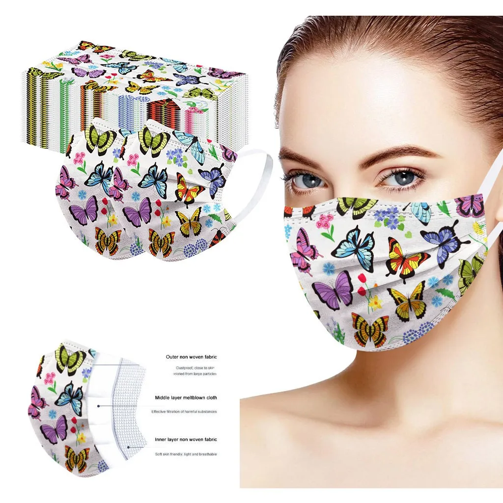 40pcs Butterfly Print Mask Disposable Nonwove 3 Layer Ply Filter Mouth Face Meltblown Breathable Earloops Mondkapjes | Дом и сад