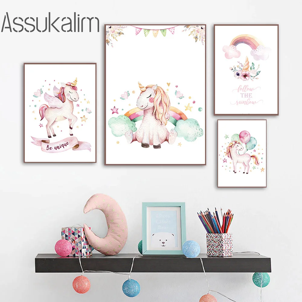 Настенное художественное изображение единорога на холсте постер с мультяшным