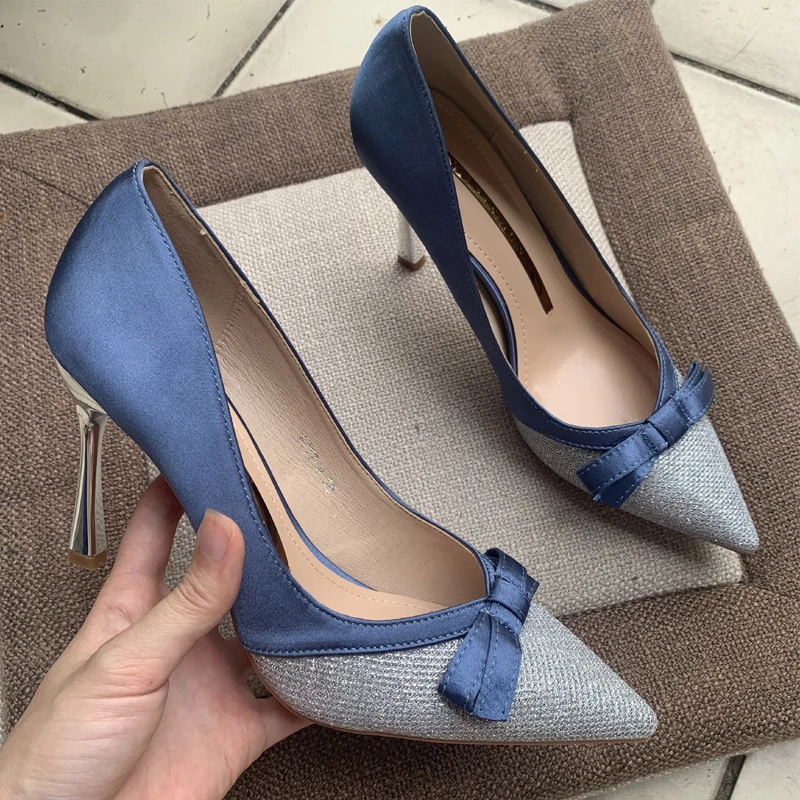 Туфли женские на высоком каблуке элегантные туфли-лодочки с бантом и блестками