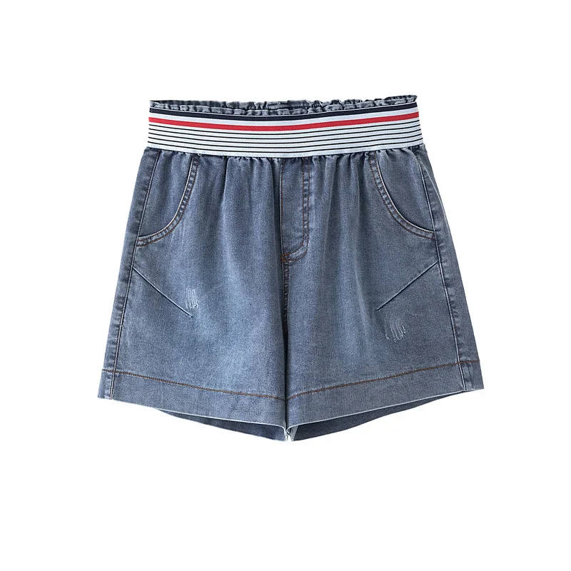 

WLLWLP Elastic Waist Striped Large Size Jeans Woman Summer Loose Do Old College Style Washed Denim Shorts A127