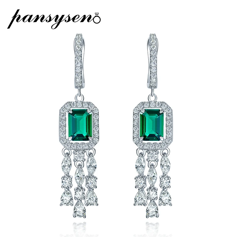 Женские серьги подвески из серебра 100% пробы с изумрудами|Серьги-подвески| |